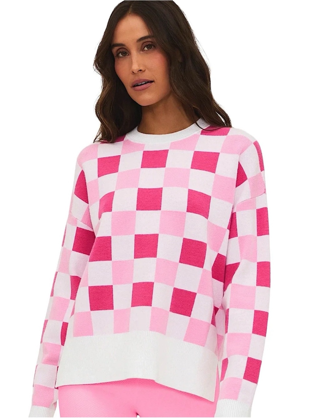 Anthropologie Beach Riot Callie Sweater Peony Petal Checker Pink Check Large NWT
